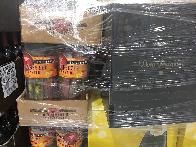 Costco Pallet - alcoholic pushups and Dom Perignon