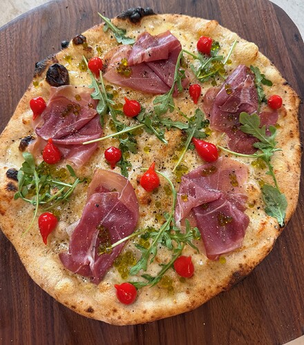 5 cheese with proscuitto, biquinho peppers, & olive oil caviar