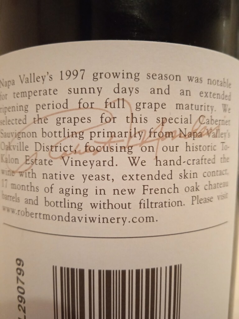 Mondavi Winery Cabernet Sauvignon Reserve 1997 - question